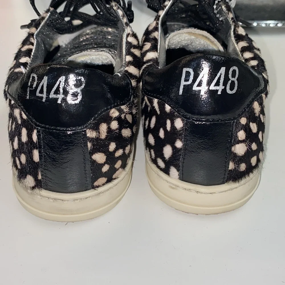 P448 $315 Women's 36 Thea Calf Hair Animal Print Silver Black White Luxe Sneaker